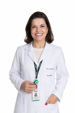 Retrato da Dra. Daniela Gomes vestindo jaleco branco, com crachá de identificação do Hospital São Paulo (Unifesp) visível, sobre fundo branco.
